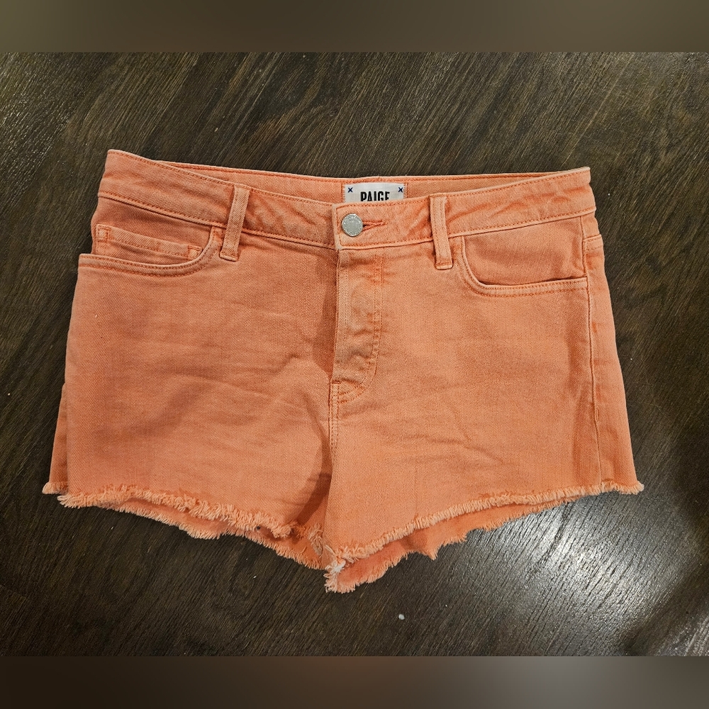 PAIGE Orange Jean Shorts with Frayed Hem, Size 27, Small, 4
